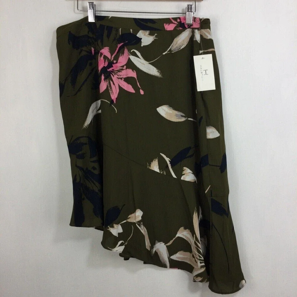Halston Womens Floral A-Line Asymmetric Ruffle Hem Skirt Green Lily Size 12 NWT